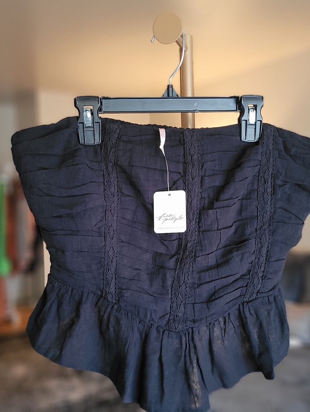 Free People Fun In The Sun Top Black Strapless Ruffled Peplum Crop Top Size M - Picture 3 of 11